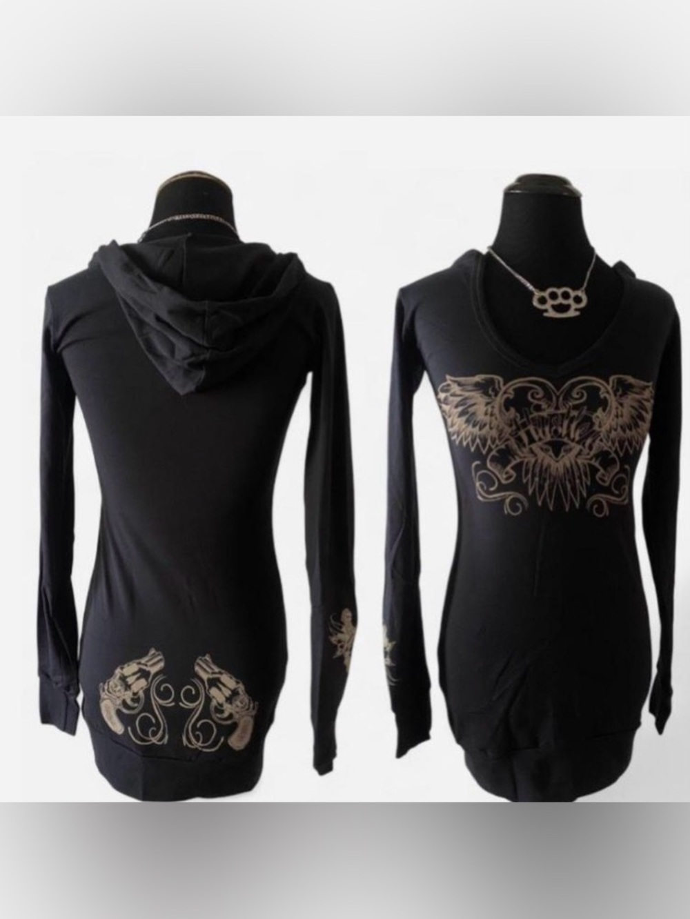 Deadstock NWT Hustler Black Longsleeve Hooded Top with Gun & Heart with Wings